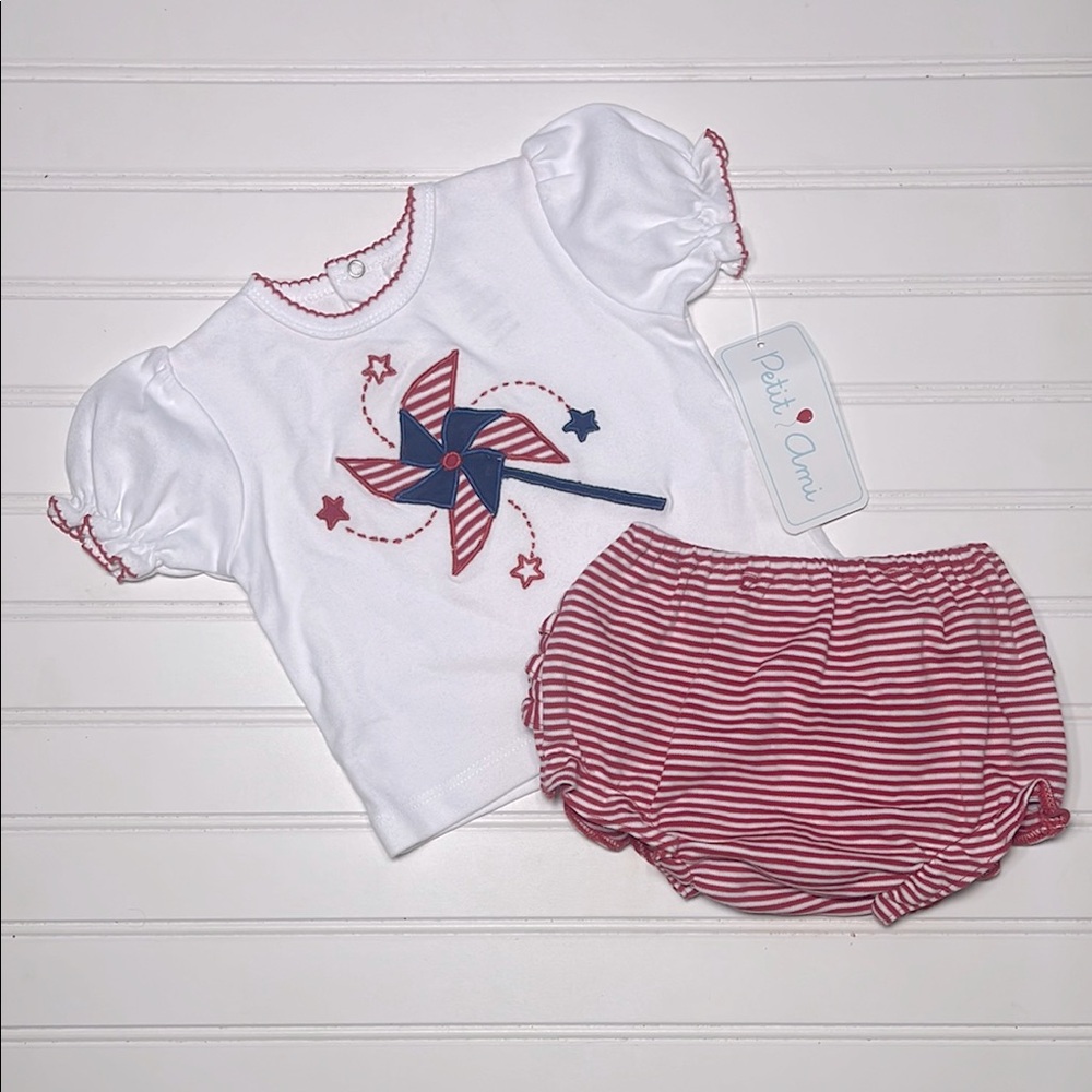 PETIT AMI NWT 100% Cotton Patriotic Pinwheel Appliqué Ruffle Blouse Bloomer Set
